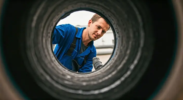 operaio di servizio autospurghi che mostra una tubazione