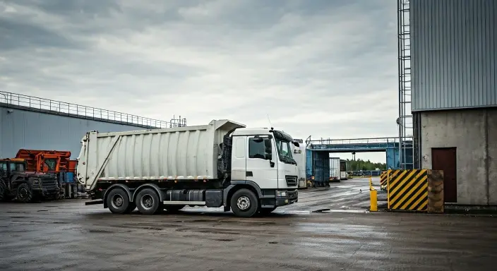 camion bianco adibito a trasporto per smaltimento di rifiuti speciali all'interno di un'area autorizzata