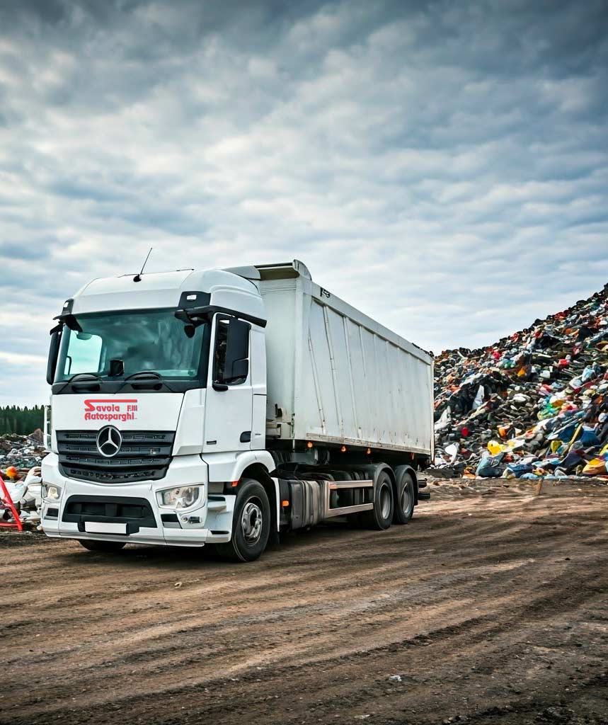 camion bianco adibito a trasporto per smaltimento di rifiuti speciali all'interno di un'area autorizzata